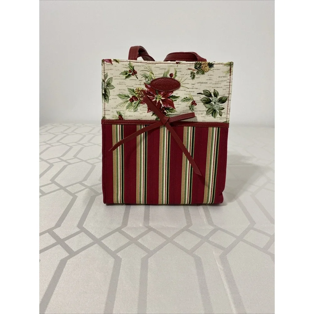 VintageLongaberger Bag Red Stripe Poinsettia‎ Gift Holiday Tote Gift Bag